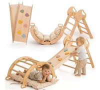 Goodevas Montessori Triangle Escalade Set | Structure Intérieure Bois avec Triangle, Arche Bascule, Toboggan et Coussin, Convertible, 1-3 Ans, Beige