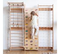 Goodevas Structure d'Escalade pour Enfants | Aire de jeux Montessori murale en bois : Espalier, Mur d'escalade, Filet, Balançoire, Monkey Bars, Portique Mural d'Intérieur
