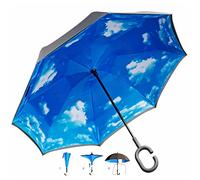 GOODS+GADGETS® Parapluie inversé avec ciel bleu et poignée en C pour avoir les mains libres ; parapluie à bâton inversé Parapluie de pluie intelligent de 105 cm de diamètre