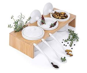 GOODS+GADGETS® Set à Épices 3 Bols en Porcelaine avec Plateau Bambou | Couvercles & cuillères inclus, passable au lave-vaisselle - idéal brunch, dîner ou cadeau