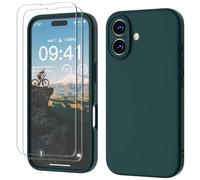 GOODVISH 3 en 1 Coque pour iPhone 16 avec 2 Verre Trempé 6.1", Vert Foncé | Silicone Liquide Case, 360° Protection Étui Précise Résistant aux Rayures Antidérapant Phone 16 Case