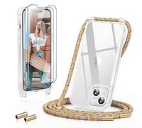 GOODVISH 3 en 1 Coque Transparente pour iPhone 13 6,1’’ avec Cordon de Collier - avec 2 Verre Trempé - Etui TPU Bumper avec Cordon Réglable, Téléphone Lanyard Case Protection Complète, Rainbow