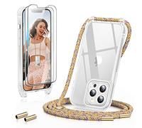 GOODVISH 3 en 1 Coque Transparente pour iPhone 13 Pro 6,1" avec Cordon de Collier avec 2 Verre Trempé, Etui TPU Bumper avec Cordon Réglable, Téléphone Lanyard Case Protection Complète, Rainbow