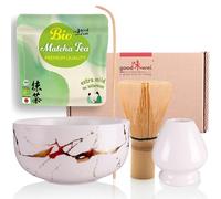 Goodwei Coffret Matcha Poudre de thé Vert Biologique du Japon - Ensemble à Cérémonie Thé Japonais Kit Complet Bol, Fouet et Porte Fouet - Marbre (Blanc)