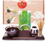 Goodwei Ensemble à Thé Matcha pour cérémonie du thé japonaise - Bol à matcha, porte-balai et plateau à thé au design assorti avec véritable matcha BIO du Japon (Kumo)