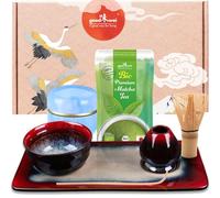 Goodwei Ensemble à Thé Matcha pour cérémonie du thé japonaise - Bol à matcha, porte-balai et plateau à thé au design assorti avec véritable matcha BIO du Japon (Rouge)