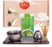 Goodwei Ensemble à Thé Matcha pour cérémonie du thé japonaise - Bol à matcha, porte-balai et plateau à thé au design assorti avec véritable matcha BIO du Japon (Goma)