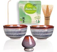 Goodwei Ensemble duo de matcha avec deux bols à matcha, balai à matcha, porte-balai en céramique et thé matcha bio du Japon | Cérémonie du thé pour deux (Uji)