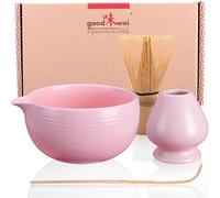 Goodwei Ensemble Thé Matcha | Bol à matcha artisanal Chawan avec bec verseur, cuillère e fouet à matcha avec support à fouet en céramique au design assorti | Coffret cadeau (Camellia Rose)