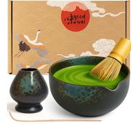 Goodwei Ensemble Thé Matcha | Bol à matcha artisanal Chawan avec bec verseur, cuillère e fouet à matcha avec support à fouet en céramique au design assorti | Coffret cadeau (Rokusho)