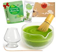 Goodwei Matcha bio du Japon dans un ensemble complet avec bol à matcha en céramique de qualité supérieure, balai et porte-fouet, coffret cadeau pour cérémonie du thé (structure de glace en verre)