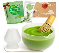 Goodwei Matcha bio du Japon dans un ensemble complet avec bol à matcha en céramique de qualité supérieure, balai et porte-fouet, coffret cadeau pour cérémonie du thé (verre mat)