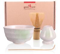 Goodwei Matcha Kit avec balai à matcha, bol à Matcha artisanal et porte-balai en céramique | Coffret cadeau (Shiro)