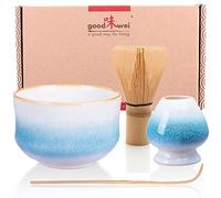 Goodwei Matcha Kit | Bol Matcha Artisanal Chawan, Cuillère e Fouet à Matcha avec Support de Fouet en Céramique au design assorti | Service à Thé Japonais (Rindō, 80)