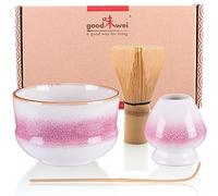 Goodwei Matcha Kit | Bol Matcha Artisanal Chawan, Cuillère e Fouet à Matcha avec Support de Fouet en Céramique au design assorti | Service à Thé Japonais (Kiku, 80)
