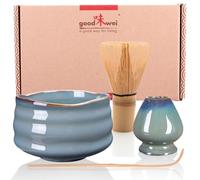 Goodwei Matcha Kit | Bol Matcha Artisanal Chawan, Cuillère e Fouet à Matcha avec Support de Fouet en Céramique au design assorti | Service à Thé Japonais (Menouseki, 80)
