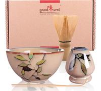 Goodwei Matcha Kit | Bol Matcha Artisanal Chawan, Cuillère e Fouet à Matcha avec Support de Fouet en Céramique au design assorti | Service à Thé Japonais (Leaf, 80)