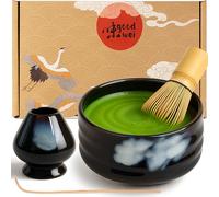 Goodwei Matcha Kit | Bol Matcha Artisanal Chawan, Cuillère e Fouet à Matcha avec Support de Fouet en Céramique au design assorti | Service à Thé Japonais (Burashi, 120)