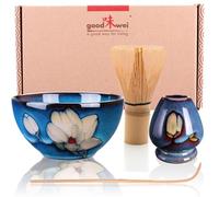 Goodwei Matcha Kit | Bol Matcha Artisanal Chawan, Cuillère e Fouet à Matcha avec Support de Fouet en Céramique au design assorti | Service à Thé Japonais (Magnolia, 80)