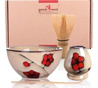 Goodwei Matcha Kit | Bol Matcha Artisanal Chawan, Cuillère e Fouet à Matcha avec Support de Fouet en Céramique au design assorti | Service à Thé Japonais (Plum, 80)