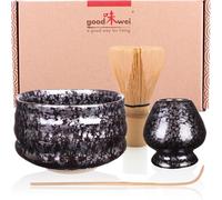 Goodwei Matcha Kit | Bol Matcha Artisanal Chawan, Cuillère e Fouet à Matcha avec Support de Fouet en Céramique au design assorti | Service à Thé Japonais (Tetsu, 120)