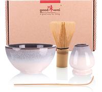 Goodwei Matcha Kit | Bol Matcha Artisanal Chawan, Cuillère e Fouet à Matcha avec Support de Fouet en Céramique au design assorti | Service à Thé Japonais (Kiri, 80)