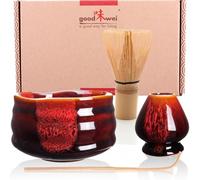 Goodwei Matcha Kit | Bol Matcha Artisanal Chawan, Cuillère e Fouet à Matcha avec Support de Fouet en Céramique au design assorti | Service à Thé Japonais (Akai, 120)