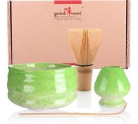 Goodwei Matcha Kit | Bol Matcha Artisanal Chawan, Cuillère e Fouet à Matcha avec Support de Fouet en Céramique au design assorti | Service à Thé Japonais (Midori, 80)