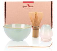 Goodwei Matcha Kit | Bol Matcha Artisanal Chawan, Cuillère e Fouet à Matcha avec Support de Fouet en Céramique au design assorti | Service à Thé Japonais (Hasunomi, 80)