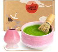 Goodwei Matcha Kit | Bol Matcha Artisanal Chawan, Cuillère e Fouet à Matcha avec Support de Fouet en Céramique au design assorti | Service à Thé Japonais (Sakura, 80)