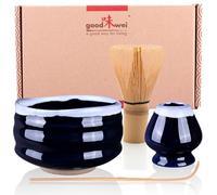 Goodwei Matcha Kit | Bol Matcha Artisanal Chawan, Cuillère e Fouet à Matcha avec Support de Fouet en Céramique au design assorti | Service à Thé Japonais (Kori, 80)