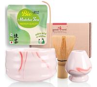 Goodwei Matcha Kit Thé Matcha BIO Japonais avec Fouet Bambou, Bol de Cérémonie en Céramique et support à fouet | Coffret cadeau (Marbre Rose)