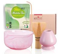 Goodwei Matcha Kit Thé Matcha BIO Japonais avec Fouet Bambou, Bol de Cérémonie en Céramique et support à fouet | Coffret cadeau (Pinku)