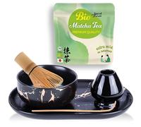 Goodwei Set Matcha avec bol & plateau noir marbré or véritable + 30g thé vert matcha bio du Japon - Accessoires premium avec fouet bambou, support & cuillère (noir)