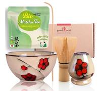 Goodwei Set Matcha BIO Complet avec Bol Matcha en Céramique, Fouet à Matcha Chasen et Support | Coffret Cadeau Cérémonie du Thé (Plum)