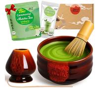 Goodwei Set Matcha BIO Complet avec Bol Matcha en Céramique, Fouet à Matcha Chasen et Support | Coffret Cadeau Cérémonie du Thé avec Matcha BIO et Cocos Matcha Latte (Akai)