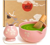 Goodwei Set Matcha Latte | Coffret de Thé Japonais avec Bol, Fouet en Bambou, Support, Cuillère et Matcha Bio - Set de Cérémonie du Thé et Matcha Latte (Hanami)