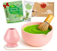 Goodwei Set Matcha Latte - Coffret Matcha Premium avec Bol Verseur, Fouet en Bambou, Support, Cuillère & Poudre Matcha Bio - Set Japonais pour Latte Matcha & Cérémonie du Thé (Camellia Pink)