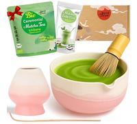 Goodwei Set Matcha Latte - Coffret Matcha Premium avec Bol Verseur, Fouet en Bambou, Support, Cuillère & Poudre Matcha Bio - Set Japonais pour Latte Matcha & Cérémonie du Thé (Fuji Pink)