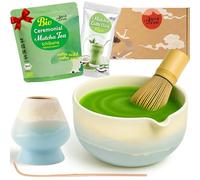 Goodwei Set Matcha Latte - Coffret Matcha Premium avec Bol Verseur, Fouet en Bambou, Support, Cuillère & Poudre Matcha Bio - Set Japonais pour Latte Matcha & Cérémonie du Thé (Fuji Blue)
