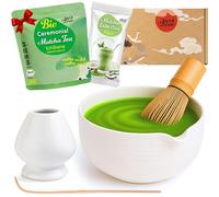 Goodwei Set Matcha Latte - Coffret Matcha Premium avec Bol Verseur, Fouet en Bambou, Support, Cuillère & Poudre Matcha Bio - Set Japonais pour Latte Matcha & Cérémonie du Thé (Camellia White)
