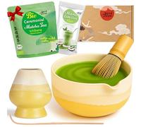 Goodwei Set Matcha Latte - Coffret Matcha Premium avec Bol Verseur, Fouet en Bambou, Support, Cuillère & Poudre Matcha Bio - Set Japonais pour Latte Matcha & Cérémonie du Thé (Fuji Yellow)