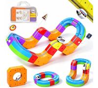 Goody King Train Électrique Enfant 38 Pièces, Circuit Cube Track 3D DIY avec Train Magnétique, Panneaux Signalisation, Sac de Rangement, Jouet de Voyage Garçons Filles dès 4 Ans