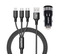 Goodyear Chargeur 3 en 1 Lightning/Micro USB/USB-C, prise allume-cigare double USB, câble 120 cm pour voiture