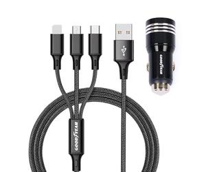 Goodyear Chargeur 3 en 1 Lightning/Micro USB/USB-C, prise allume-cigare double USB, câble 120 cm pour voiture