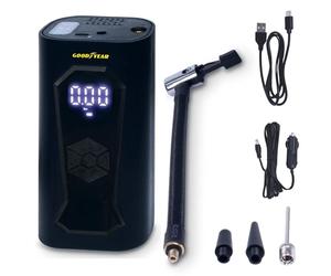 Goodyear Compresseur Portable Rechargeable sans Fil 6 000 Mah, 5 en 1 : Gonflage, Dégonflage, Mesure de Pression, Batterie Externe, Lampe Torche à 6 LED, Accessoires Inclus, Prise Allume-Cigare