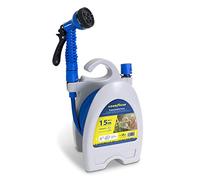 Goodyear - Manguera extensible 15m con Pistola de riego y Enrollador. Flexible para uso en jardín. Tejido entrelazado de alta densidad. Anti torsión y ligera. Conectores rápidos ½’’ ¾’’