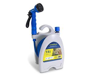 Goodyear - Manguera extensible 15m con Pistola de riego y Enrollador. Flexible para uso en jardín. Tejido entrelazado de alta densidad. Anti torsión y ligera. Conectores rápidos ½’’ ¾’’