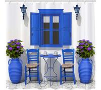 GOOESING Rideau de douche de voyage d'été, motif grec, motif grec, rideau de douche avec crochets bleu marine et blanc, décoration de salle de bain, tissu imperméable lavable 180 x 180 cm