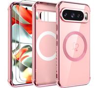 Google Pixel 9 Pro Xl Case With 2 Screen Protectors,[Full Body Shock Resistance], Heart Plated Magnetic Phone Case For Girls And Women-Pink